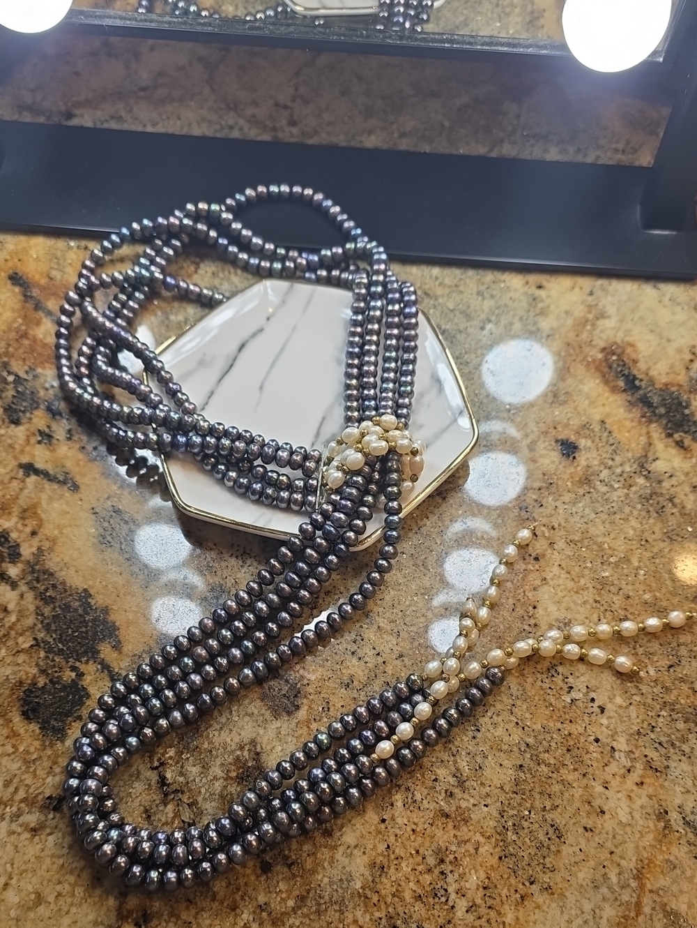 Multi-Strand Black and Cream Pearl Necklace with Pearl Cluster Accent